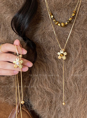金色虎眼石珍珠小花项链女