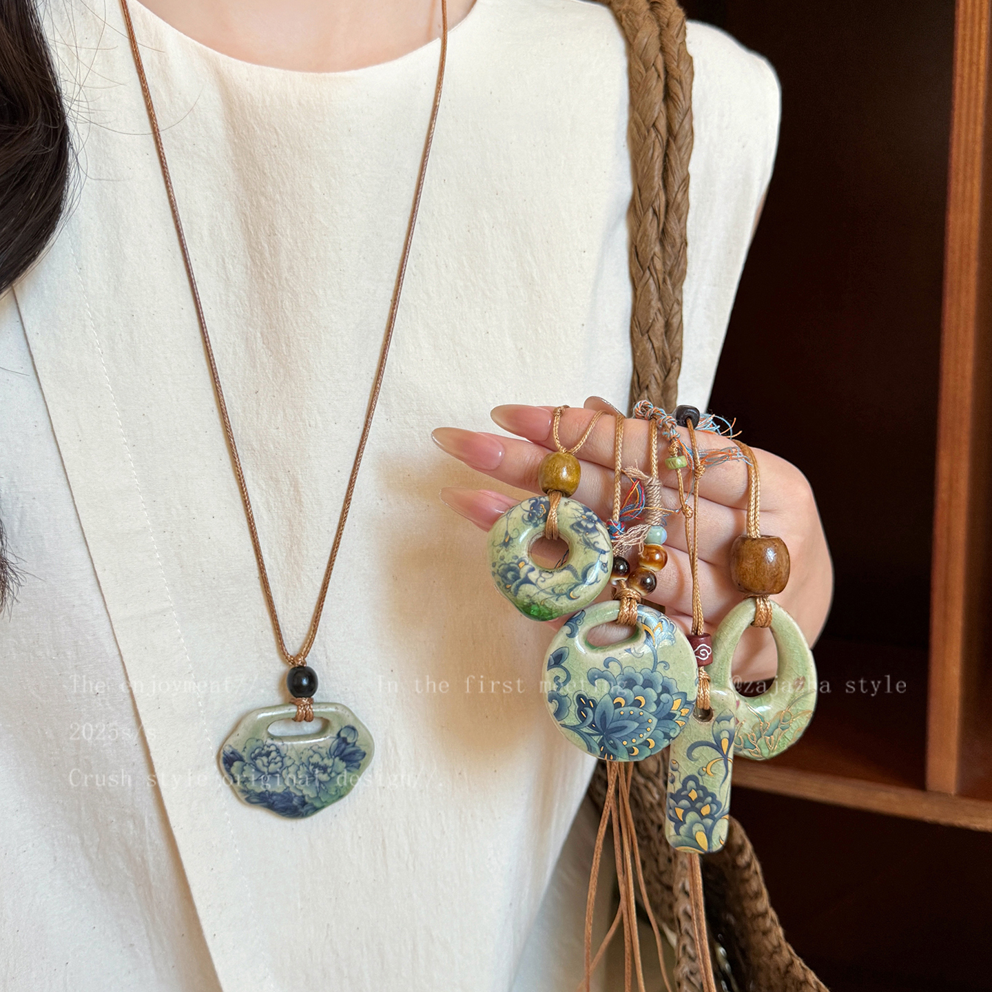 青花瓷陶瓷吊坠项链女