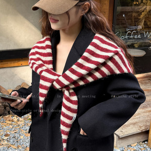 慵懒风毛绒条纹外搭披肩女款2026新款秋冬三角氛围感保暖护颈围脖