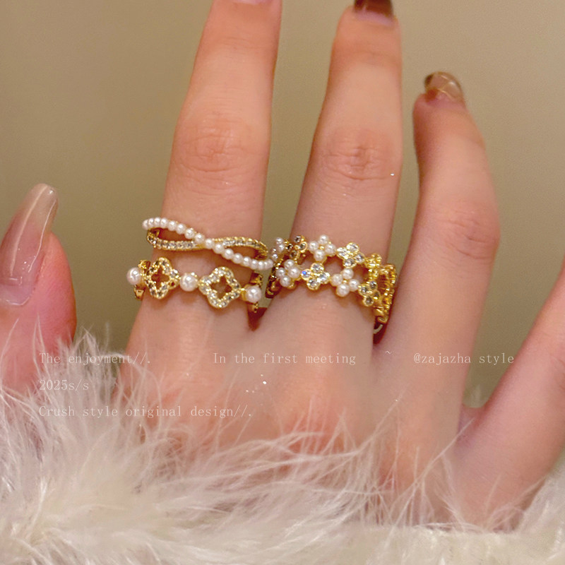 法式复古珍珠花朵戒指女款