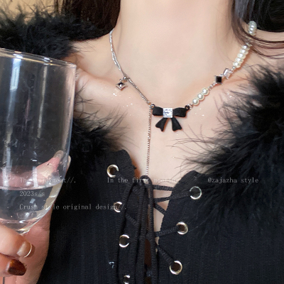 植绒蝴蝶结珍珠项链女秋冬