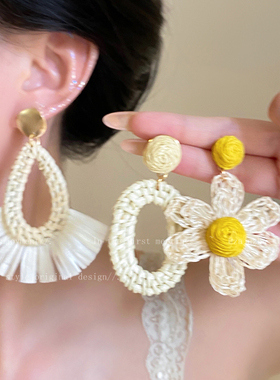 黄色复古花朵编织耳坠女生海边度假风气质耳环波西米亚风小众耳钉