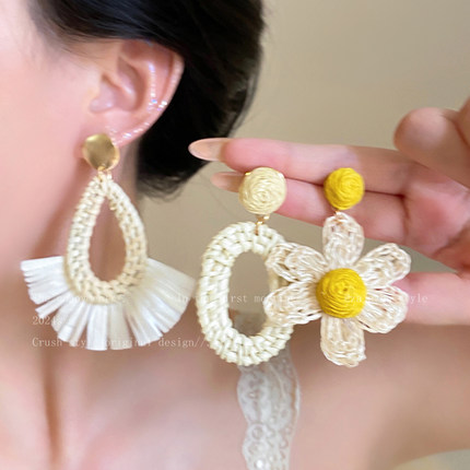 黄色复古花朵编织耳坠女生海边度假风气质耳环波西米亚风小众耳钉