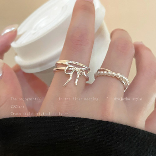 ins风蝴蝶结珍珠戒指女款轻奢小众设计食指戒高级感双层叠戴指环
