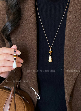 金色虎眼石拉丝吊坠项链女