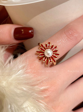 红色烟花珍珠开口戒指女款秋冬