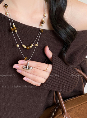 虎眼石西太后双层毛衣链女款秋冬长款轻奢高级感项链百搭叠戴配饰