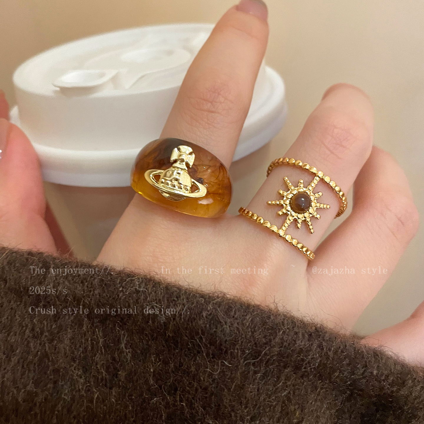 双层虎眼石星芒戒指女小众高级感叠戴食指戒秋冬个性星球轻奢指环