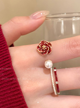 新年红山茶花珍珠戒指女款