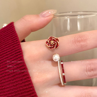 新年红山茶花珍珠戒指女款轻奢高级感开口食指戒小众时尚叠戴指环