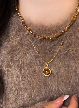 冬季美拉德虎眼石串珠项链女款复古气质吊坠毛衣链轻奢高级感配饰