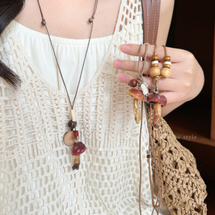 新中式蘑菇串珠项链女复古森系长款吊坠毛衣链挂脖民族风穿搭配饰