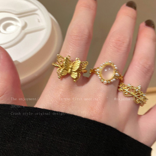 金色镂空蝴蝶开口戒指女新中式轻奢高级感食指戒小众设计叠戴指环