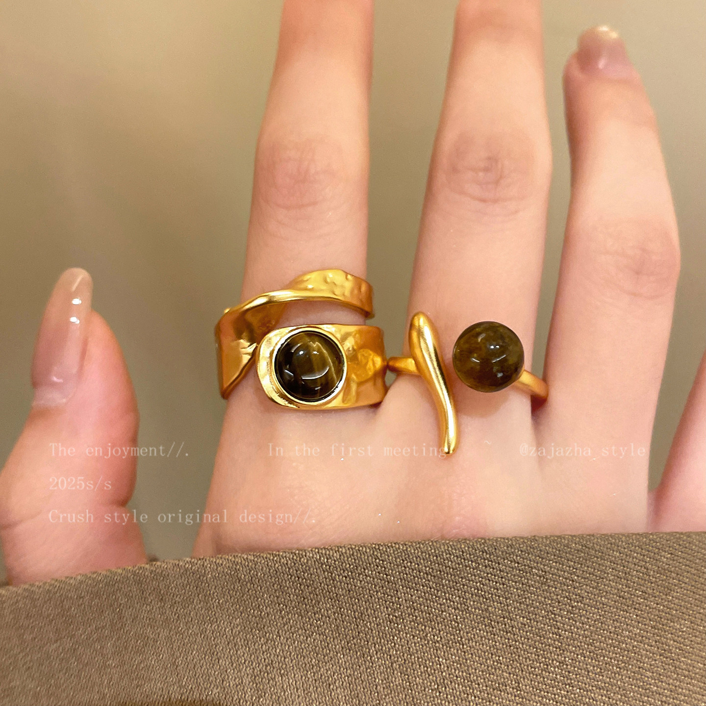 美拉德虎眼石开口戒指女