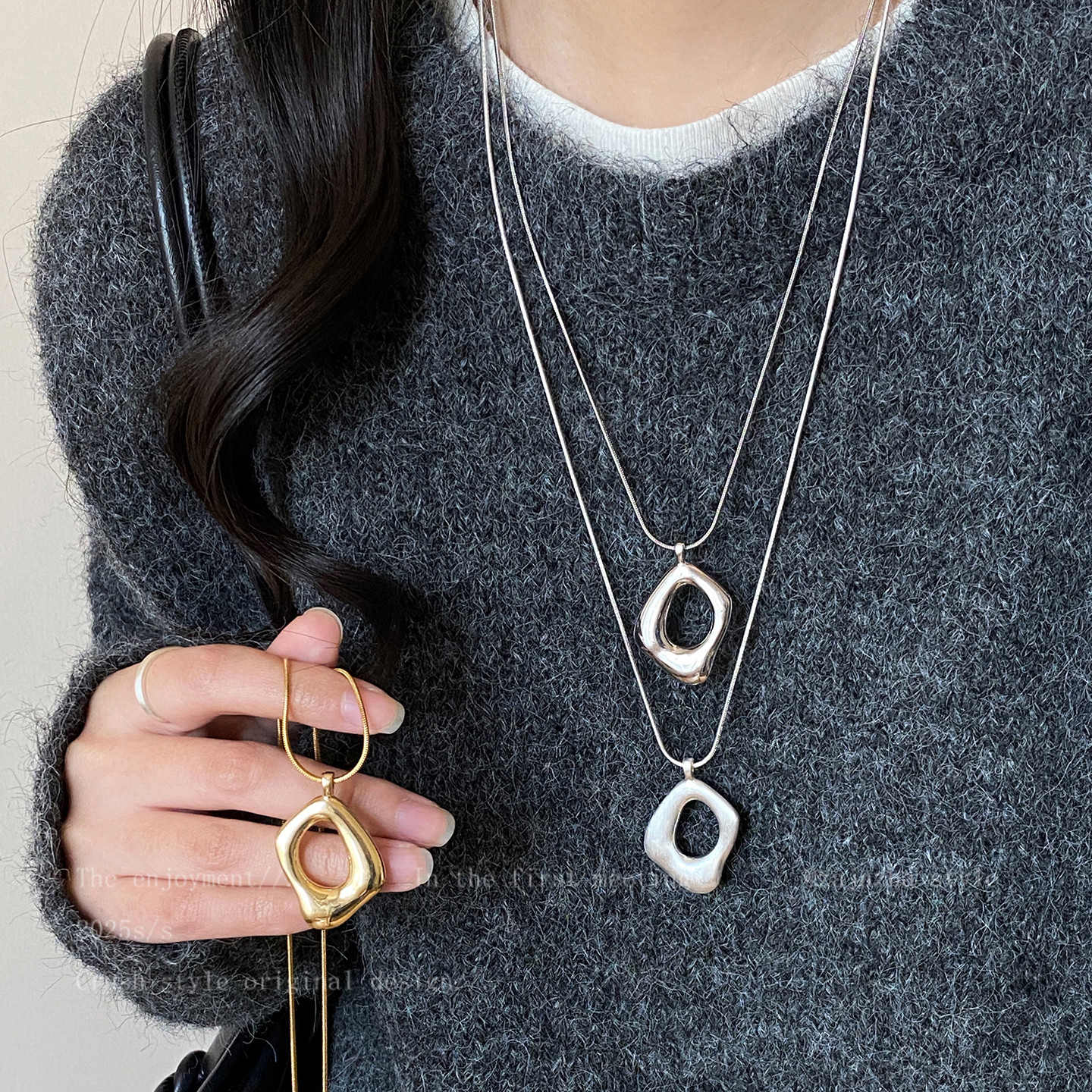 银色几何镂空长款项链女