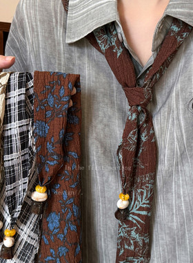 复古格纹碎花串珠丝巾毛衣链女款秋冬系脖围巾三角巾装饰配饰项链