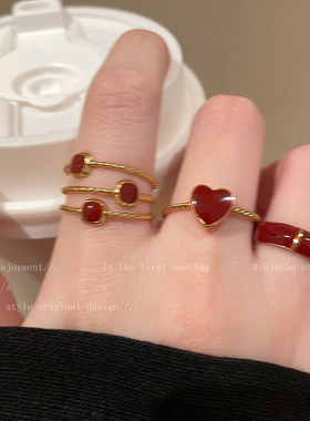 安可拉红爱心滴釉戒指女款2025新款轻奢复古食指戒高级感叠戴指环