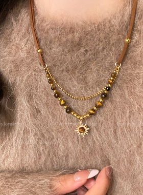 复古虎眼石吊坠项链女秋冬