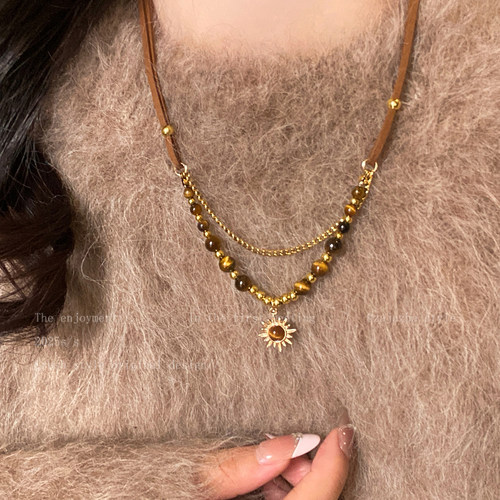 复古虎眼石吊坠项链女秋冬