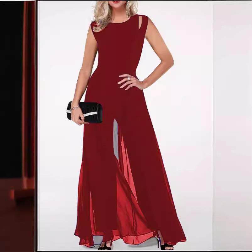 split draping with chiffon length floor sleeveless neck