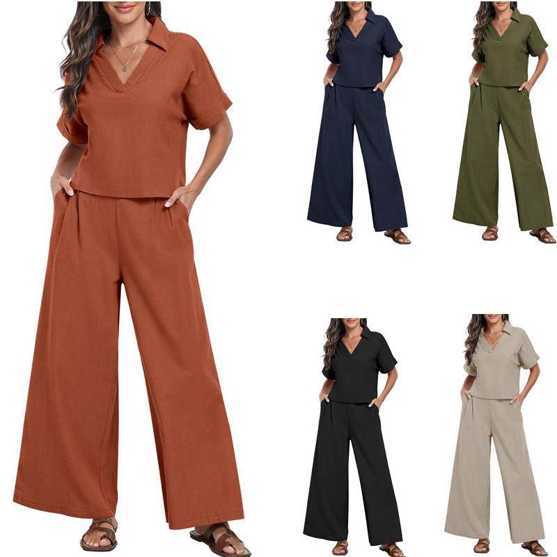 two-piece pants nine-point leg wide vest neck round pleated