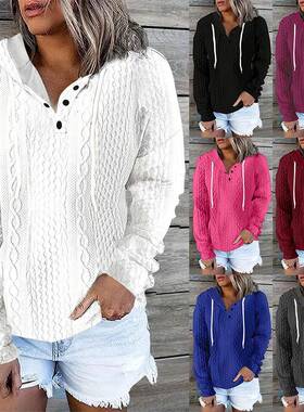 Sleeve Jacquard Tops Hoodie Button Sweatshirt Hidden Womens