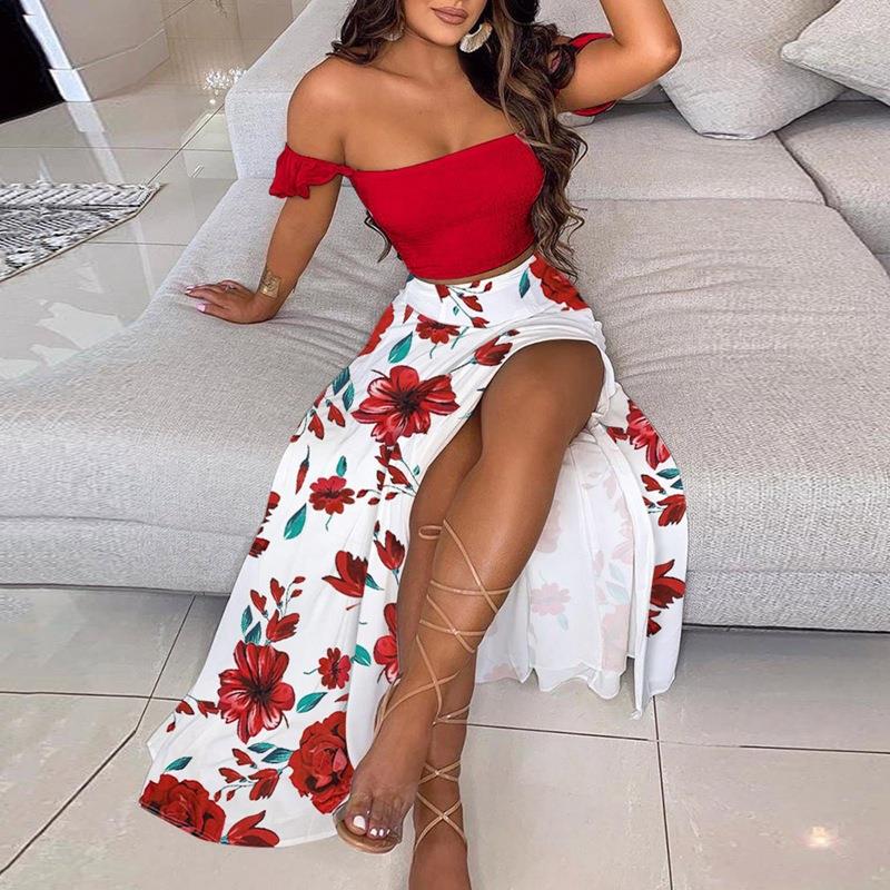 Bohemian mid-length slit sexy skirt one-shoulder top long