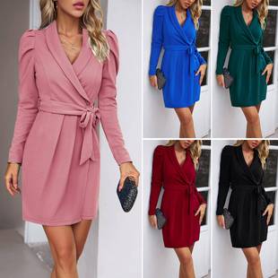 Women's dress elegant long sleeve waist short skirt