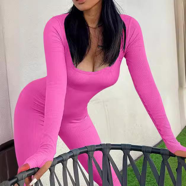 Womens Bodysuit Yoga Jumpsuit Workout Long Sleeve Pants