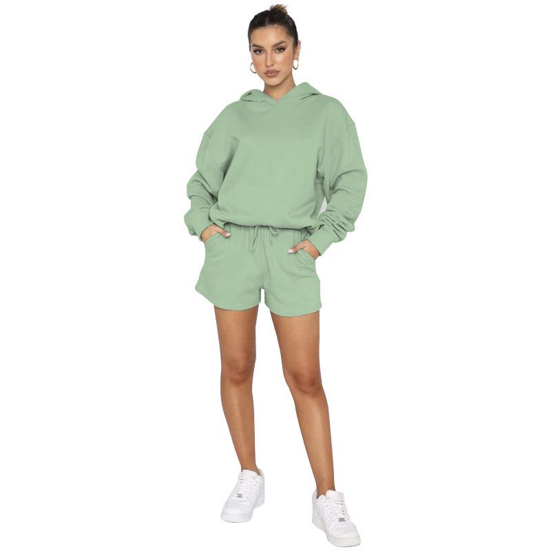 Solid long-sleeved shorts womens hooded sweatshirt fashion