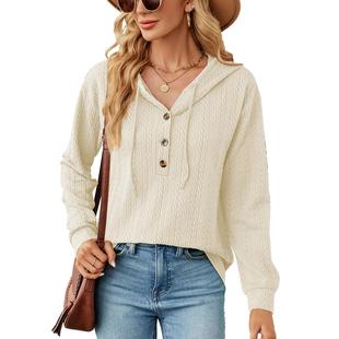 color Solid women button sweatshirt for hooded long loose