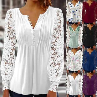 long button womens pleated Fashion shirt sleeved lace