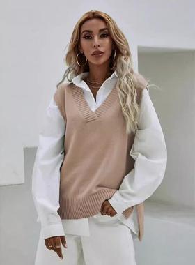 preppy sweater vest  korean neck sleveless solid sweater