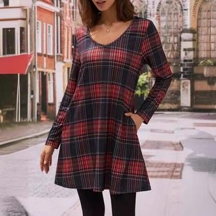 Pocket neck Long Dress Womens Sleeve Plaid