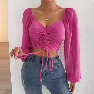drawstring long backless tops cropped sexy women lantern