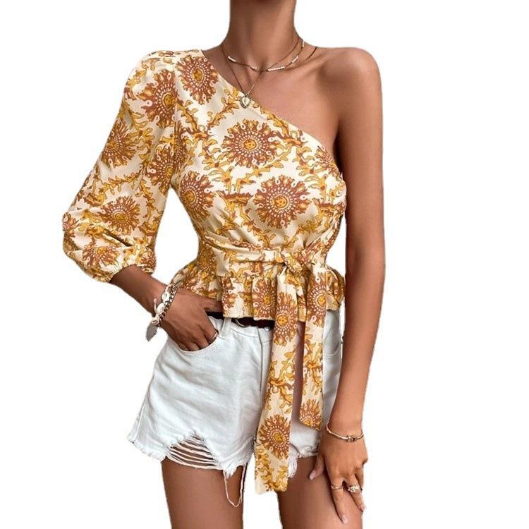 top lace-up shirt drawstring hem ruffled sleeve lantern