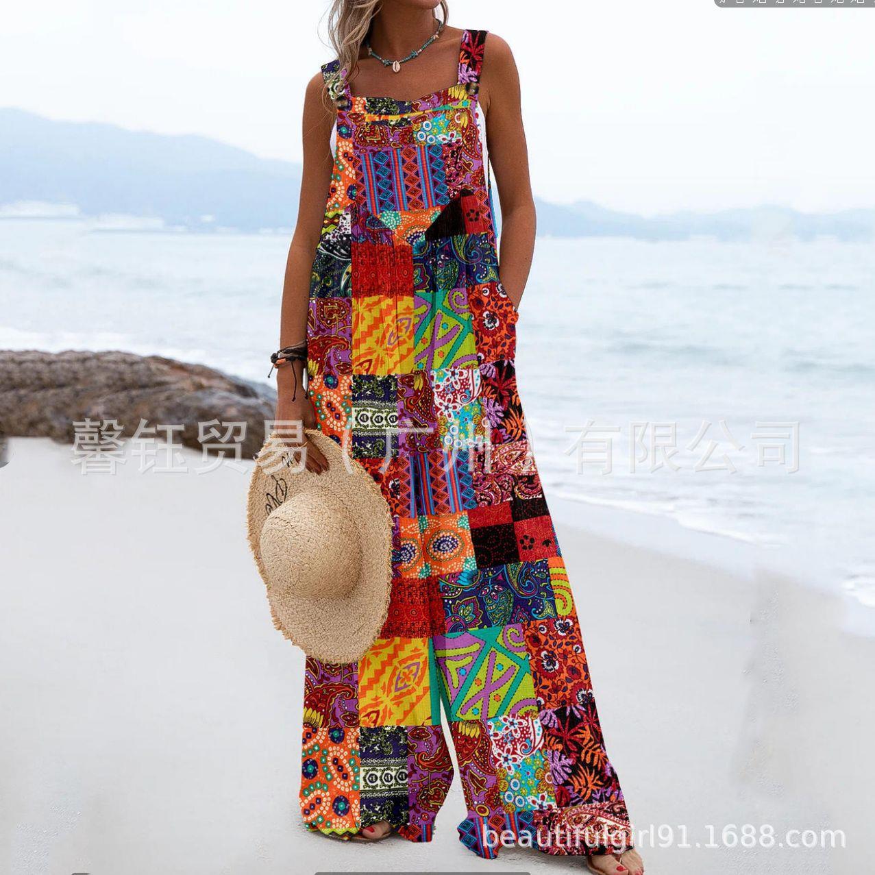 Pants Leg Wide Jumpsuit Suspender Button Linen and Cotton