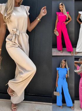 trousers high commuting solid jumpsuit waist Womens strap