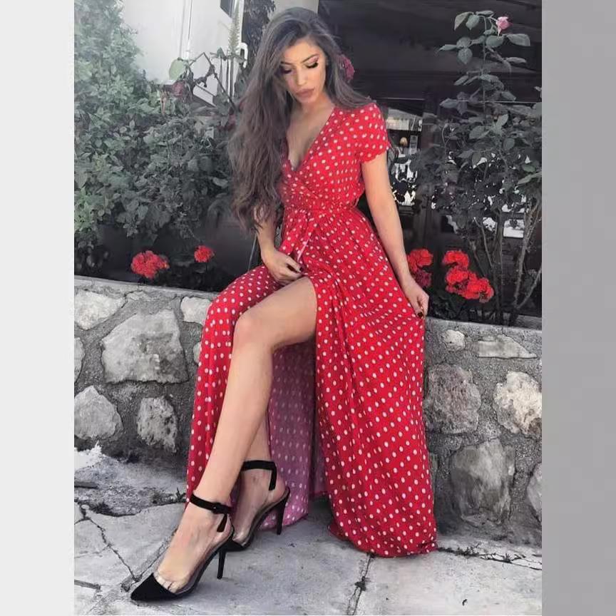 Polka dot short sleeve slit maxi skirt