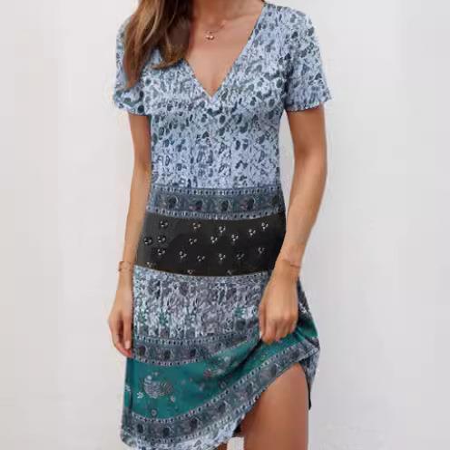 women pattern V-neck high dress waist sleeve short