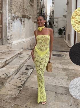 tossy yellow see-through dress female backless slim high