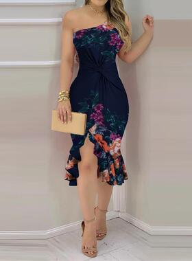 Women's navy blue tight dress with floral pattern