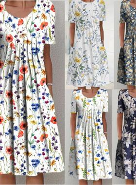 Plus size womens elegant long skirt round neck short sleeve