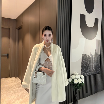 进口整貂翻袖中长款天鹅绒仿貂皮大衣年轻时尚环保水貂皮草外套女