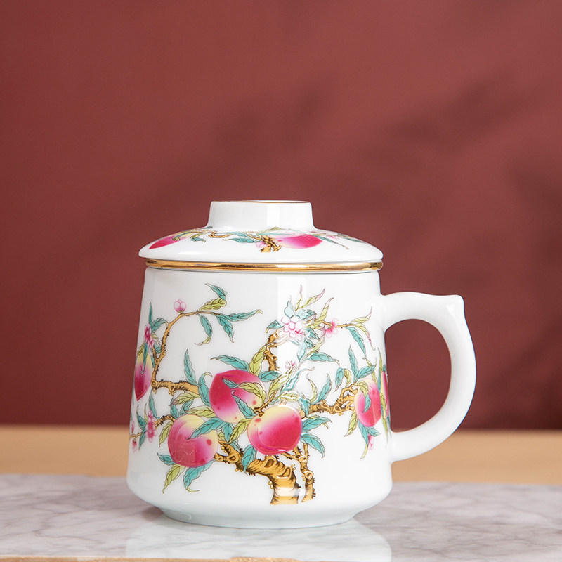 景德镇陶瓷寿桃茶杯家用水杯马克杯过滤带盖带把手高级茶水分离