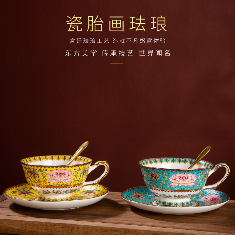 珐琅彩水杯茶杯牛奶杯早餐杯燕麦杯银耳杯咖啡杯碟勺景德镇陶瓷