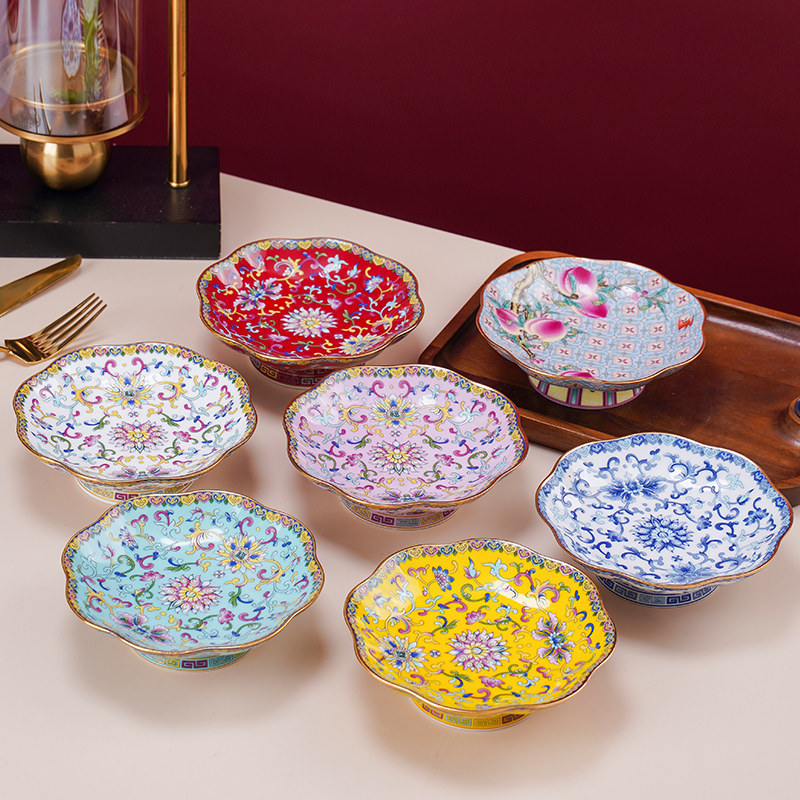 景德镇陶瓷宫廷珐琅彩高脚水果盘佛前供盘满花复古工艺陶瓷点心盘,餐饮具,盘,淘宝优惠券,粉丝福利购,淘宝优惠卷