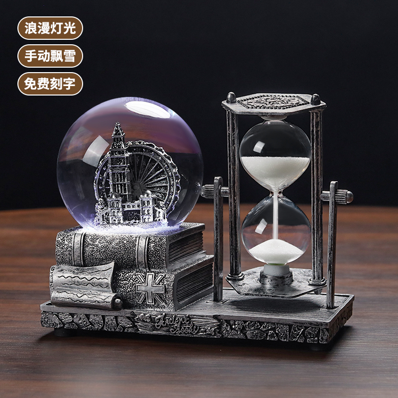 复古水晶球音乐盒沙漏计时器新年创意八音盒飘雪老人圣诞礼物个性