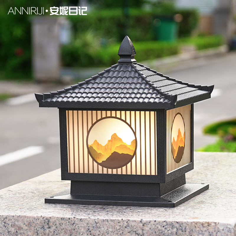 新中式太阳能柱头灯户外防水别墅庭院家用大门口入户围墙门柱子灯