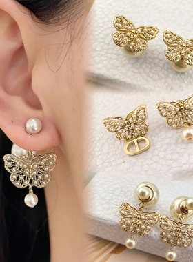 25新款cd春夏镂空蝴蝶珍珠耳环通勤百搭耳钉女高级感简约气质耳饰